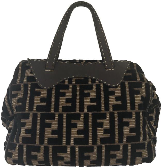 Fendi With Logo Tan and Black Velvet Fabric Satchel 