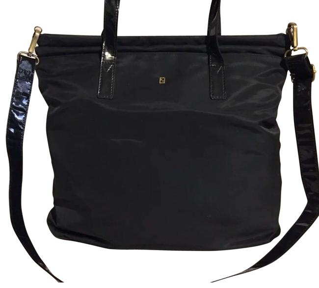 Fendi With Strap Handbag Black Nylon Patent Leather Cross Body Bag 