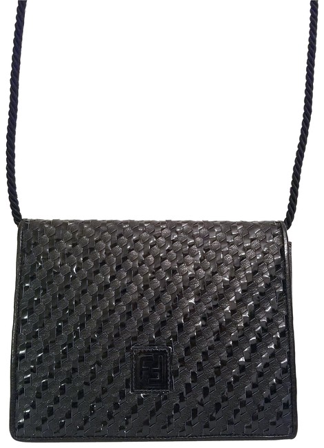 Fendi Clutch Woven Patent Or Twisted Rope Black Leather Cross Body Bag 