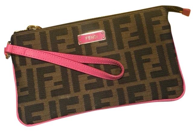 Fendi Wristlet Brown and Pink Canvas Clutch 