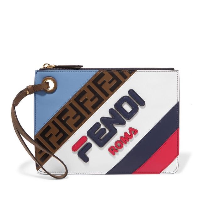Fendi X Fila Logo Embossed Stripe Leather Pouch Clutch 