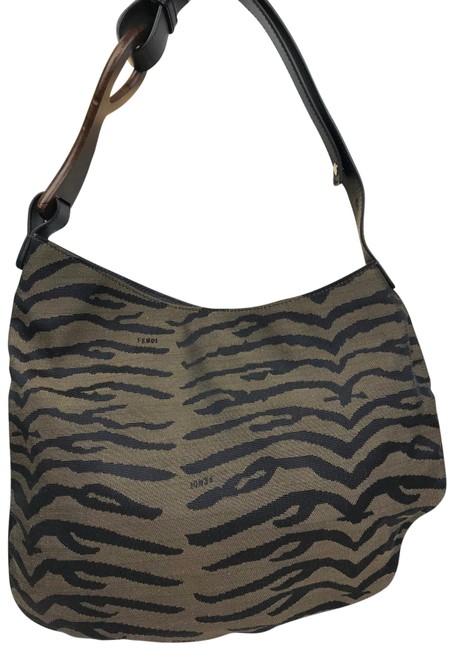 Fendi Zebra Print 28030 Brown Canvas Hobo Bag 