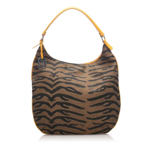Fendi Zebra Print Canvas Brown Leather Hobo Bag 
