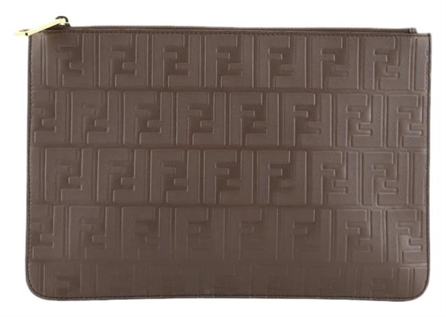 Fendi Zip Pouch Zucca Embossed Brown Leather Clutch 