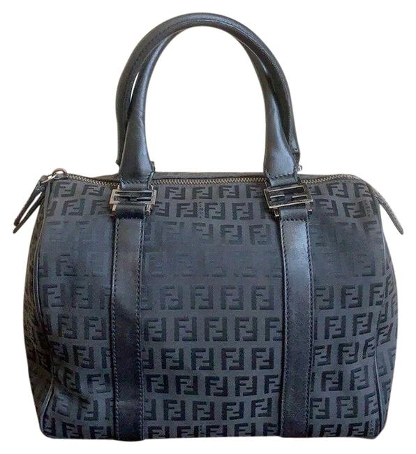 Fendi W Zucca Boston Handbag W Keys No Lock Black Canvas Leather Satchel 