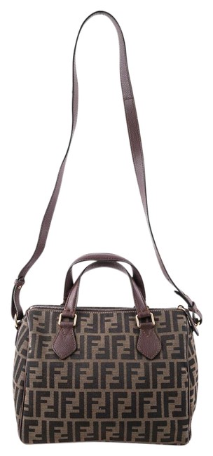 Fendi &zucca Boston& Logo Jacquard Brown Canvas Satchel 