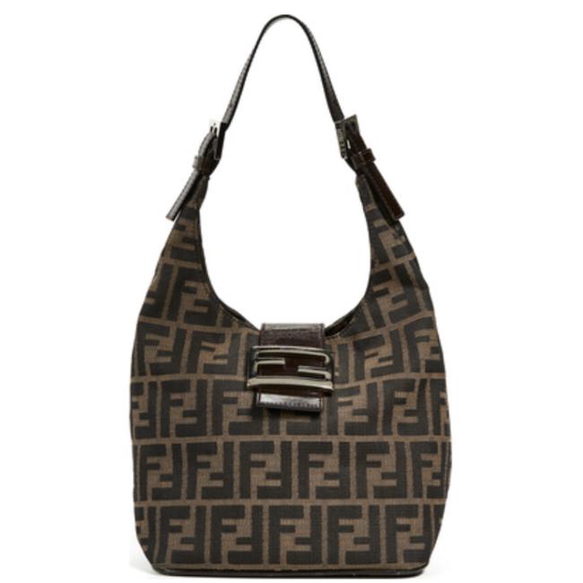 Fendi Zucca Brown Canvas Cowhide Metal Hobo Bag 