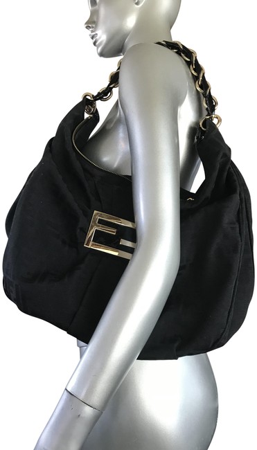 Fendi Zucca Chain Black Canvas: Patent Leather Hobo Bag 