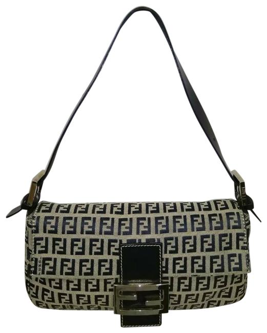 Fendi Zucca Manma Baguette Vintage Navy Blue Canvas Leather Satchel 