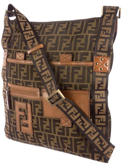 Fendi Zucca Monogram Brown Black Leather Cnvas Cross Body Bag 