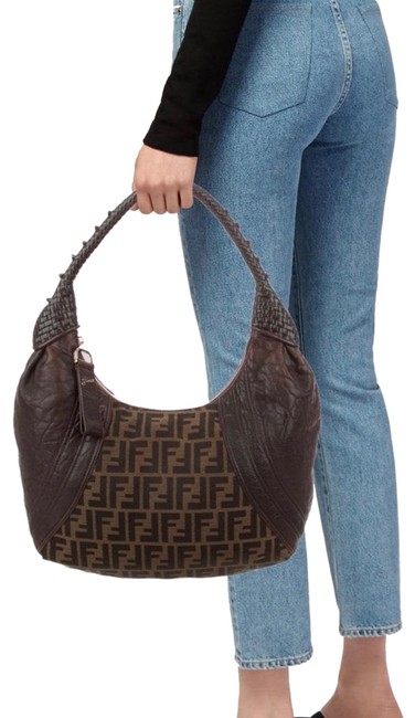 Fendi Zucca Spy Brown Lambskin Leather Hobo Bag 
