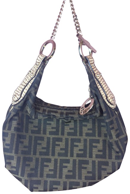 Fendi W Zucca W Chain Strap Brown Logo Fabric Gold Hardware Hobo Bag 