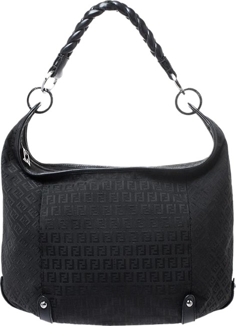 Fendi Zucchino Braided Handle Black Canvas Hobo Bag 