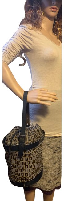 Fendi Bucket Zucchino Drawstring Handbag Olive Black Leather Canvas Hobo Bag 