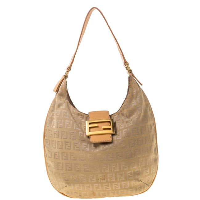 Fendi Zucchino Canvas And Beige Leather Hobo Bag 