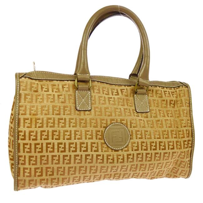 Fendi Zucchino Canvas Leather Handbag Brown Satchel 