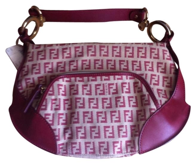 Fendi Zucchino Front Pocket Beige  Red Canvas Fabric Leather Hobo Bag 