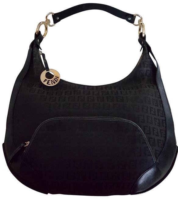 Fendi Shoulder Zucchino Print Chef Black Canvas  Leather Hobo Bag 