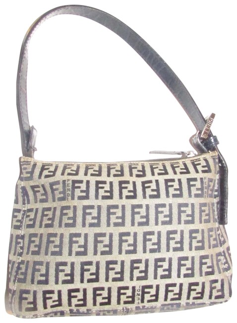 Fendi Zucchino Shoulder Purse Navy Print On Tan Leather and Canvas Hobo Bag 