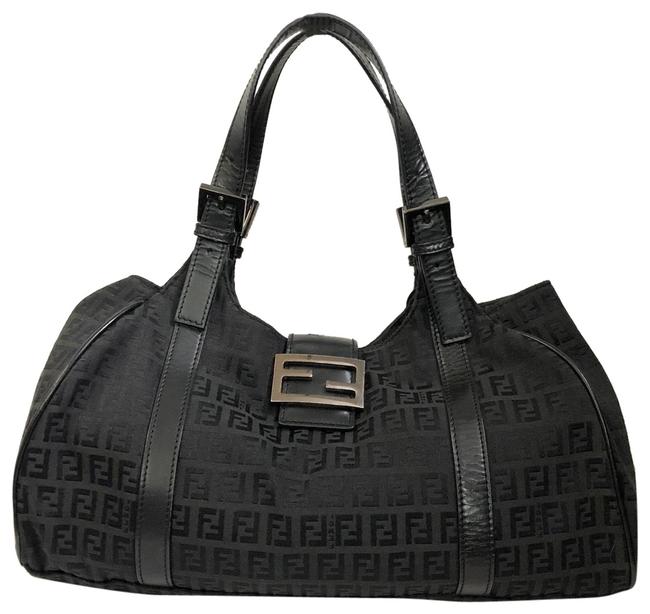 Fendi East West Zucchino Leather Silver Hardware Black Satchel 