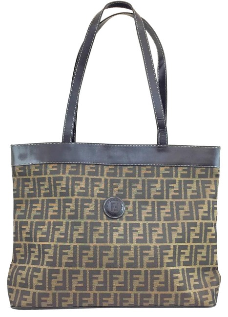 Fendi #10034 Extra Large Zuccino Ff Logo Canvas Leather Tote Shoulder Bag 