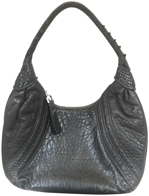 Fendi 38418 Pebbled Woven Strap Brown Leather Shoulder Bag 