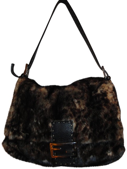Fendi 49 18 14965 Mama Multi Brown Tan Black Fur and Leather Shoulder Bag 