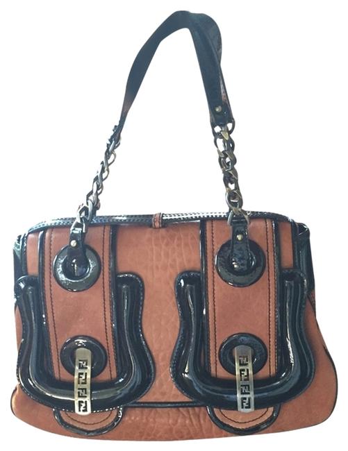 Fendi B Camel Black Patent Leather Shoulder Bag 