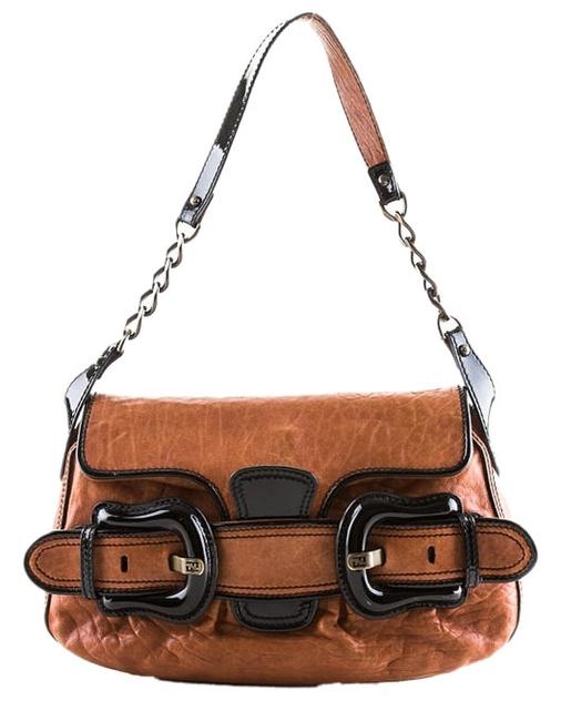 Fendi B. Cognac Black Leather Patent Leather Shoulder Bag 