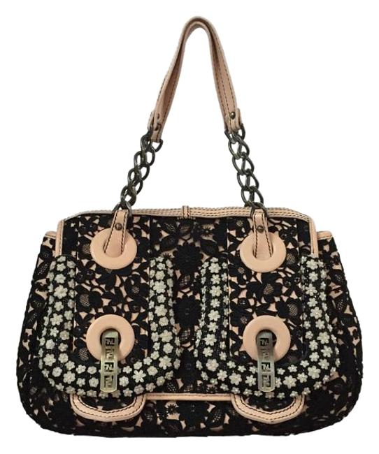 Fendi B. Floral Lace Black Leather Shoulder Bag 