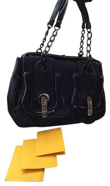 Fendi B Leather Black Black Leather Patent Leather Shoulder Bag 