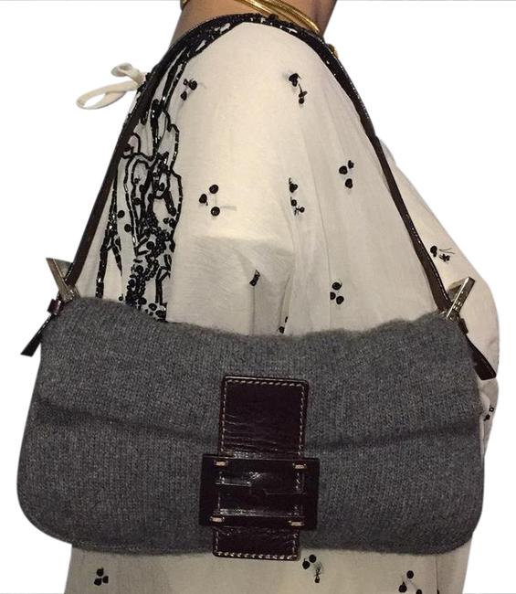 Fendi Baguette Handbag Gray Cashmere Leather Shoulder Bag 