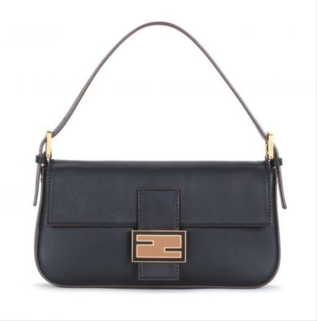 Fendi Baguette Mamma 2way 2straps Brown Trim Black Leather Shoulder Bag 