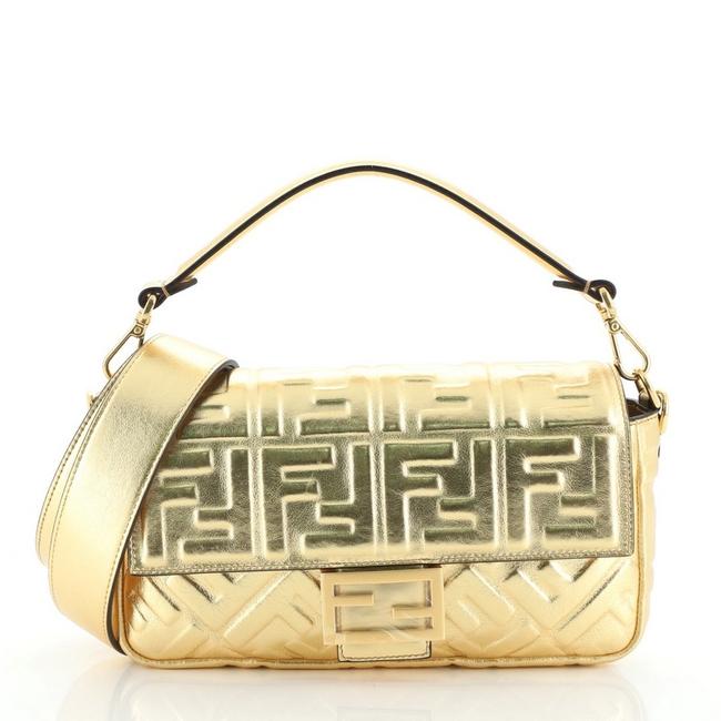 Fendi Baguette Nm Zucca Embossed Medium Gold Metallic Leather Shoulder Bag 