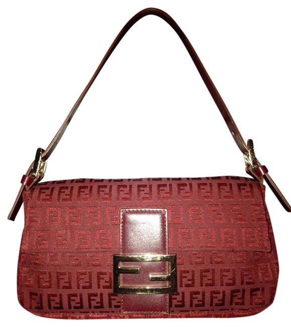 Fendi Baguette Zucchino Ff Print Red Leather &amp; Cotton Canvas Shoulder Bag 