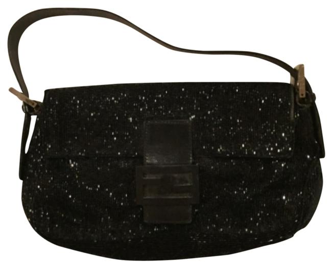 Fendi Beaded Baguette Black Leather Satin and Beading Shoulder Bag 