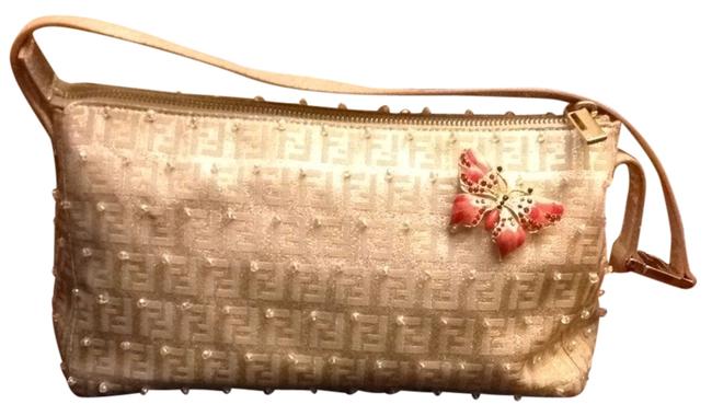 Fendi Beading Pinkish Canvas and Leather Shoulder Bag 