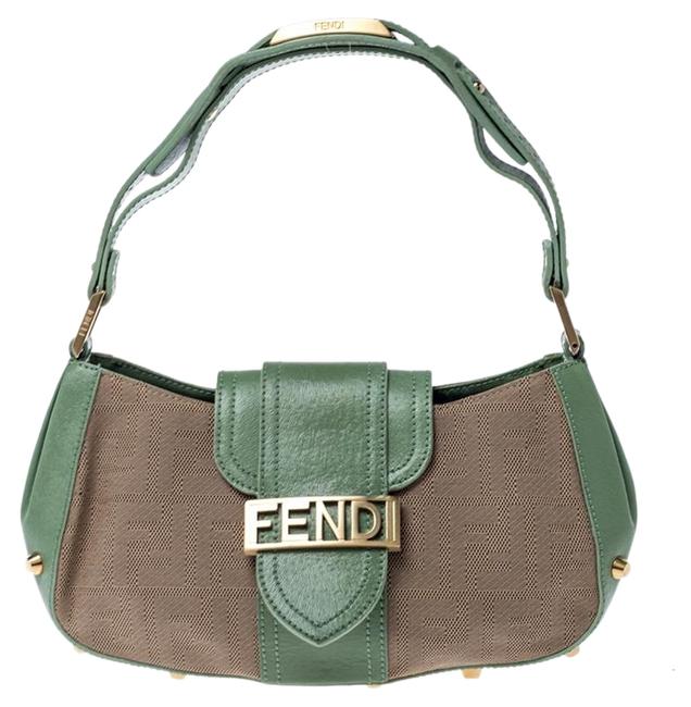 Fendi Beige Green Zucca Baguette Beige Canvas and Leather Shoulder Bag 