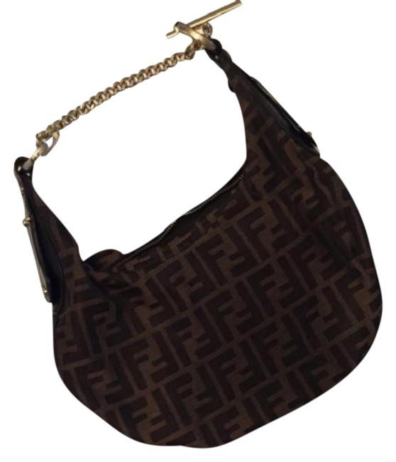 Fendi Black Gold Leather Fabric Shoulder Bag 