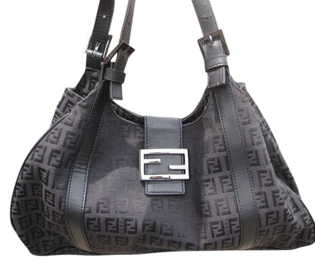 Fendi Black Leather Canvas Shoulder Bag 