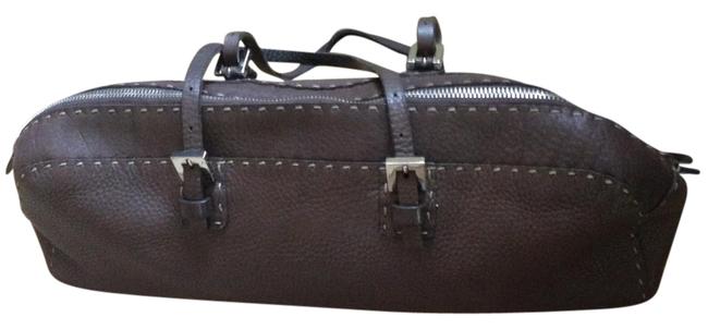 Fendi Boston Black Selleria Brown Leather Shoulder Bag 