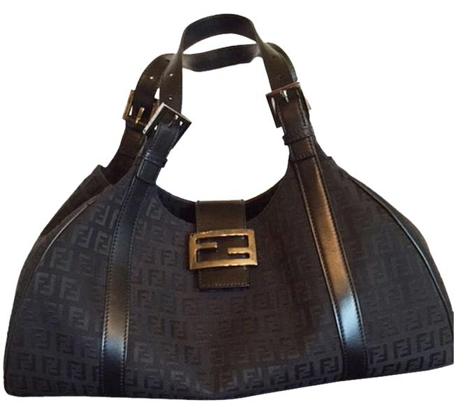 Fendi Black Zucchino Jacquard and Leather Shoulder Bag 