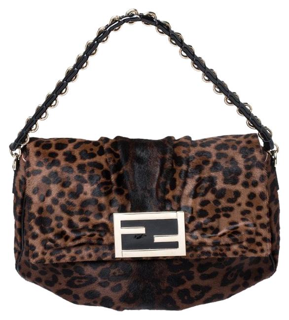 Fendi Black Brown Leopard Print Mia Flap Black Calfhair Shoulder Bag 