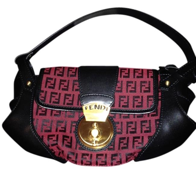 Fendi Black Burgundy Canvas with Leather Trim Shoulder Bag 