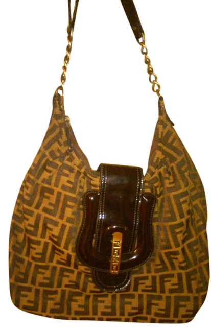 Fendi Borsa Buckle Tote Brown Black Canvas Leather Shoulder Bag 