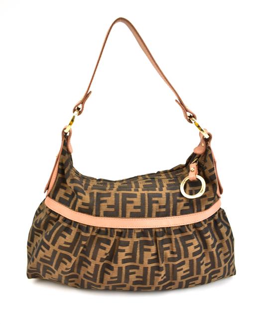 Fendi "Borsa" Nude Leather &amp; "Ff" Logo Medium Pn Shoulder Bag 