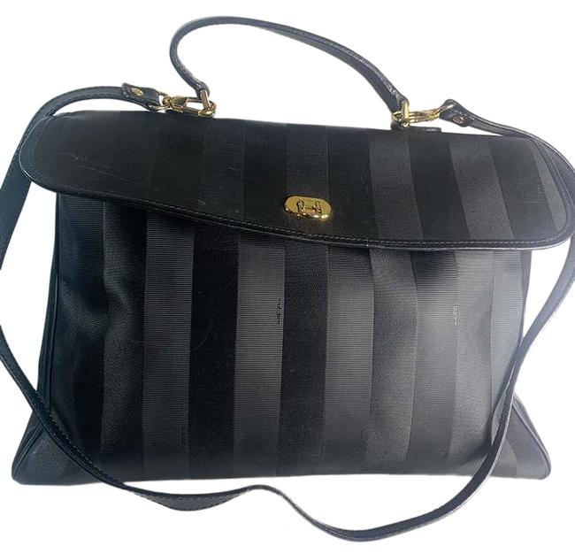 Fendi Briefcase Stripe Leather Black Canvas Shoulder Bag 