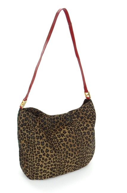 Fendi Brown and Red Leopard Canvas Leather Shoulder Bag 