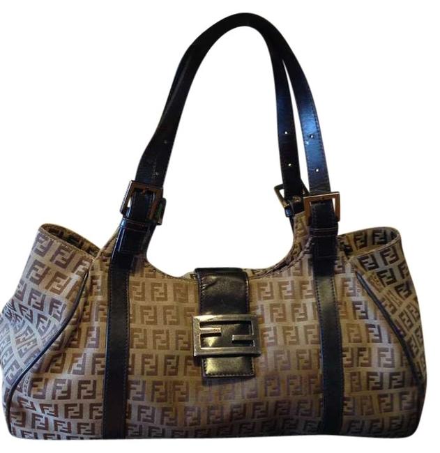 Fendi Brown Cloth with Leather Trim Shoulder Bag 