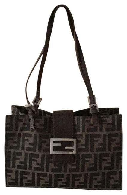 Fendi Brown Logo Fabric Leather Trim Shoulder Bag 